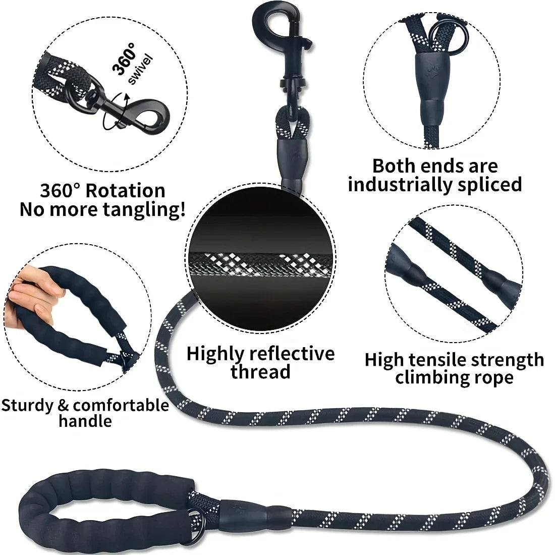 Reflective Dog Leash With Comfortable Padded Handle - Double Heavy Duty Traction Rope For Strong Dogs - Enhance Safety And Control