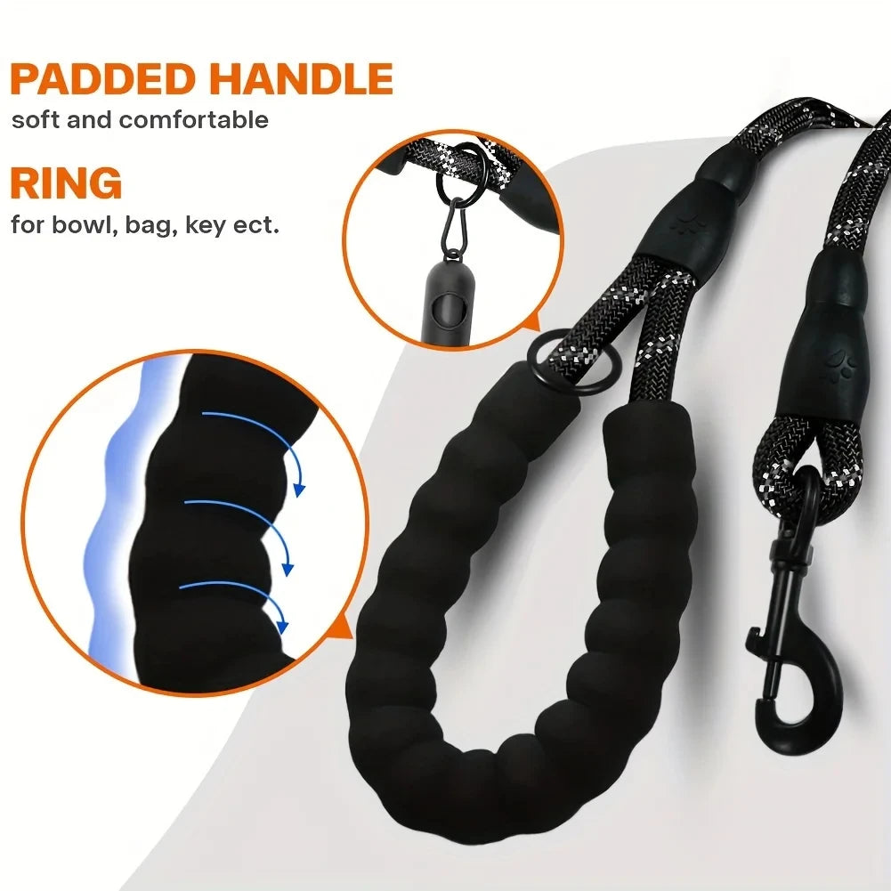 Reflective Dog Leash With Comfortable Padded Handle - Double Heavy Duty Traction Rope For Strong Dogs - Enhance Safety And Control